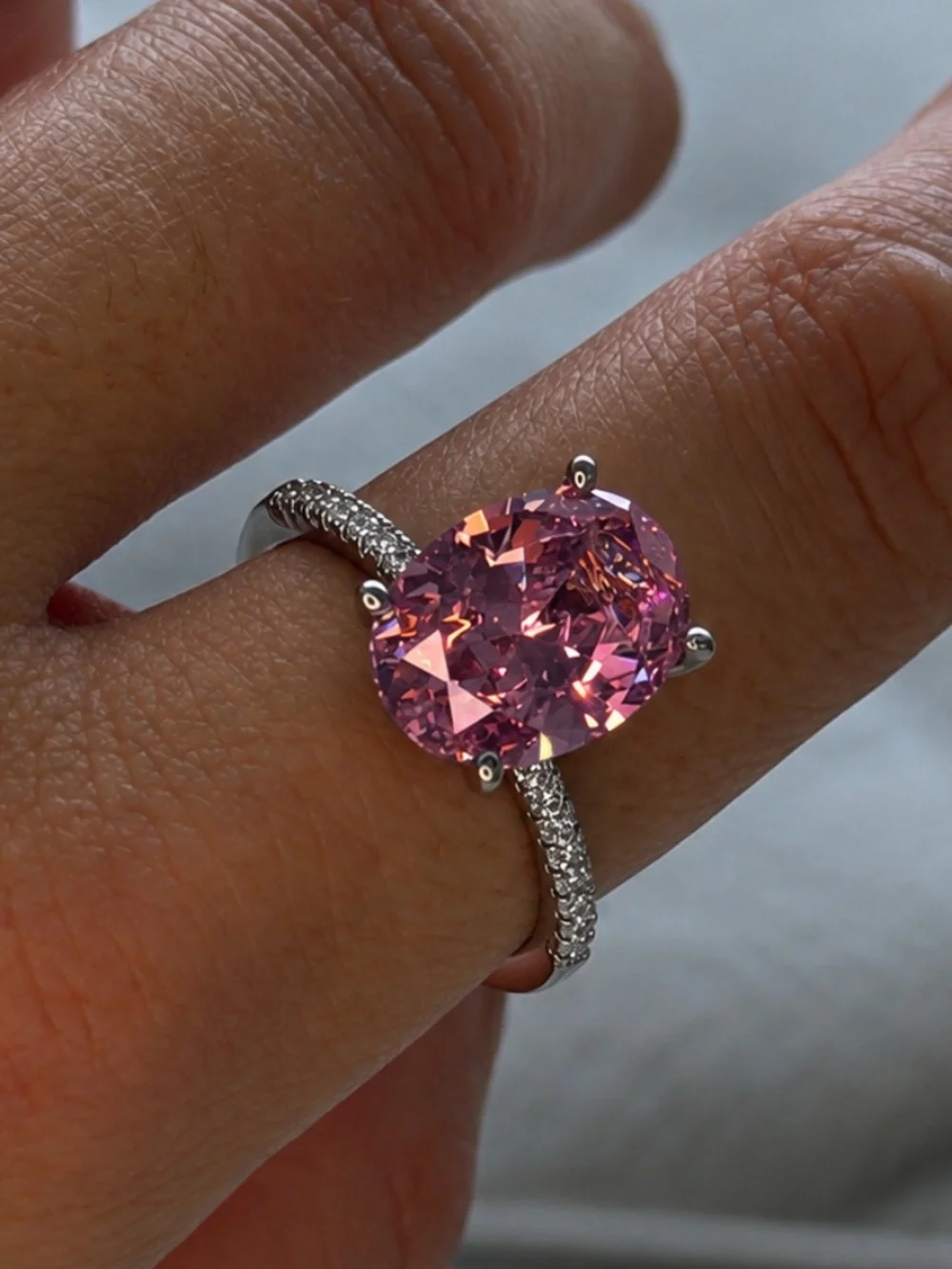 5 Ct Fancy Pink Oval Pave Engagement Ring Silver